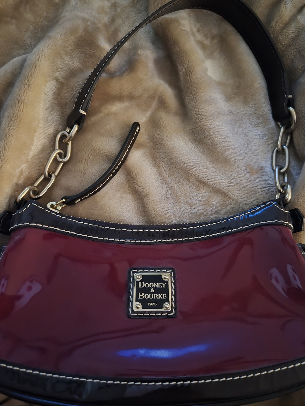 Dooney & Bourke Burgundy Patent Leather Shoulder Bag with Black Trim